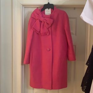 Beautiful tweed pink coat with bow neck detail.
